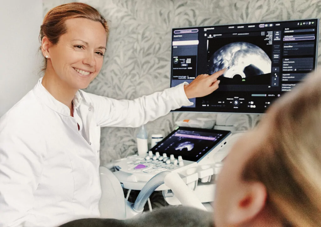 Dr. Corinna Mann explains an ultrasound image on the monitor during a consultation.